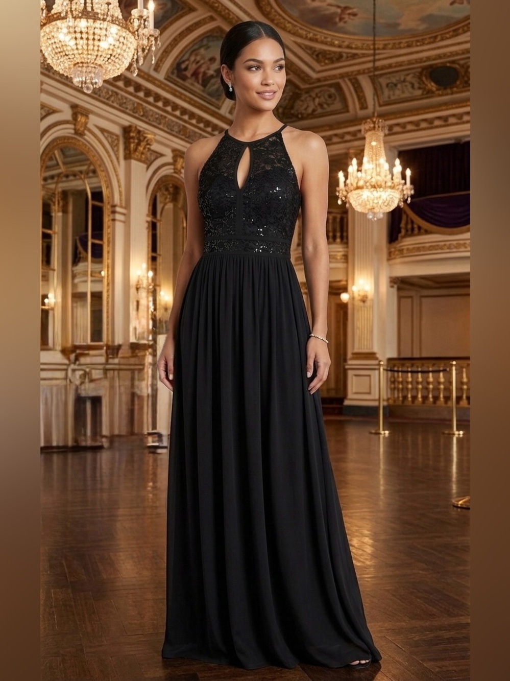 NW Nightway Black Sequin Lace Halter Keyhole Maxi Gown 14W